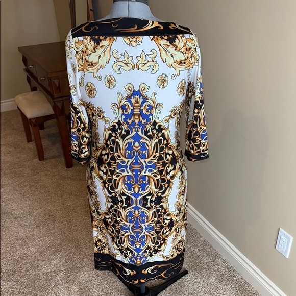 Forever Sheath Dress White Gold Blue Bateau Neckline Dolman Sleeves Women's - Picture 4 of 10